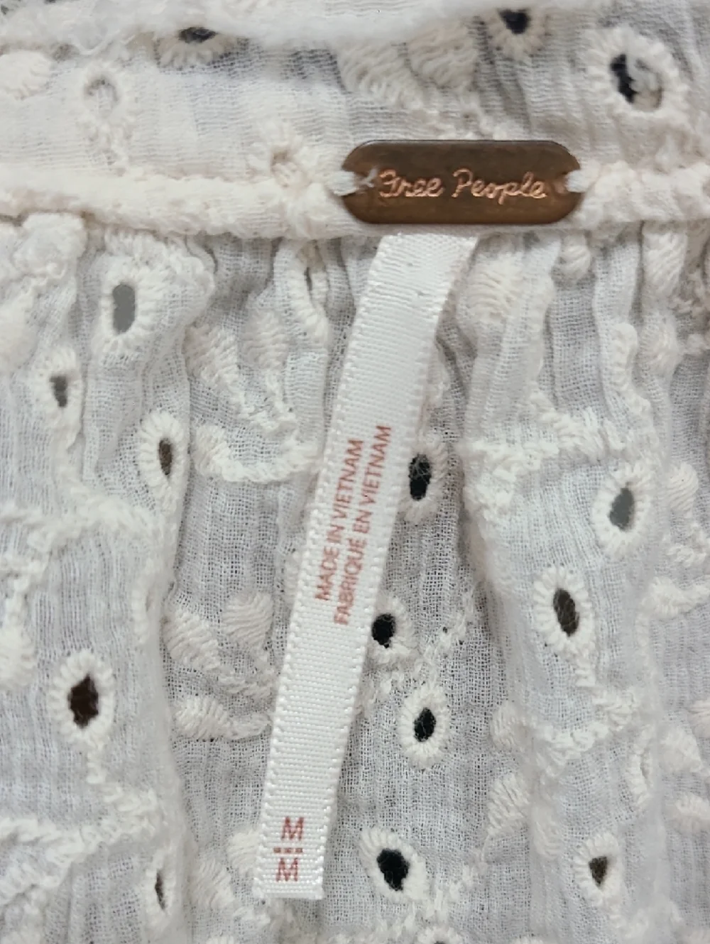 Free People Cream Eyelet Peasant Top with Navy Trim